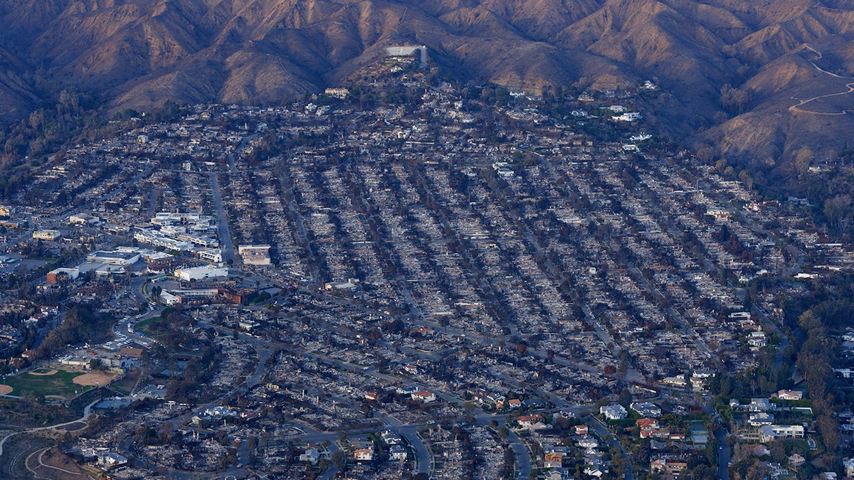 Aerial view of damage caused by the Palisades Fire