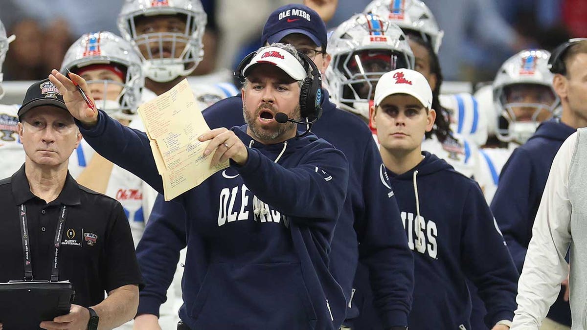 Ole Miss head coach Pete Golding reacting during a football game at the Sugar Bowl
