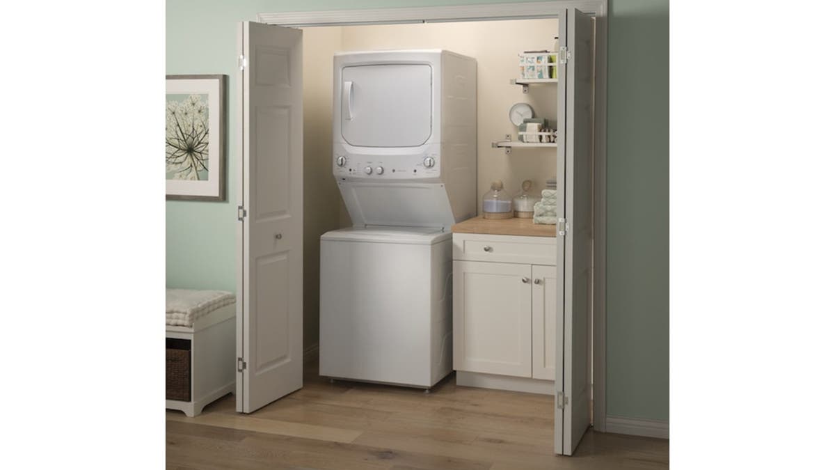 A stacked laundry center saves on space. 