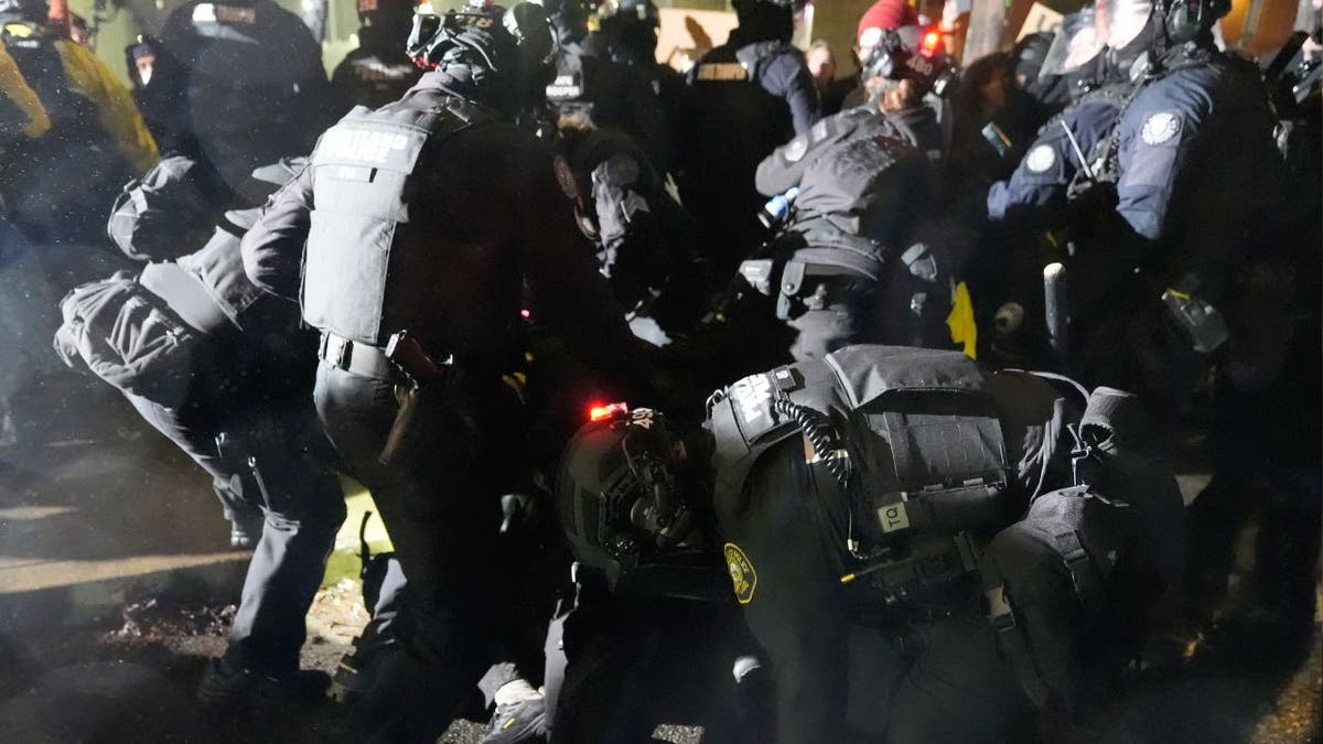 Portland constabulary  officers successful  riot cogwheel  detain protesters during a nighttime ICE protest.