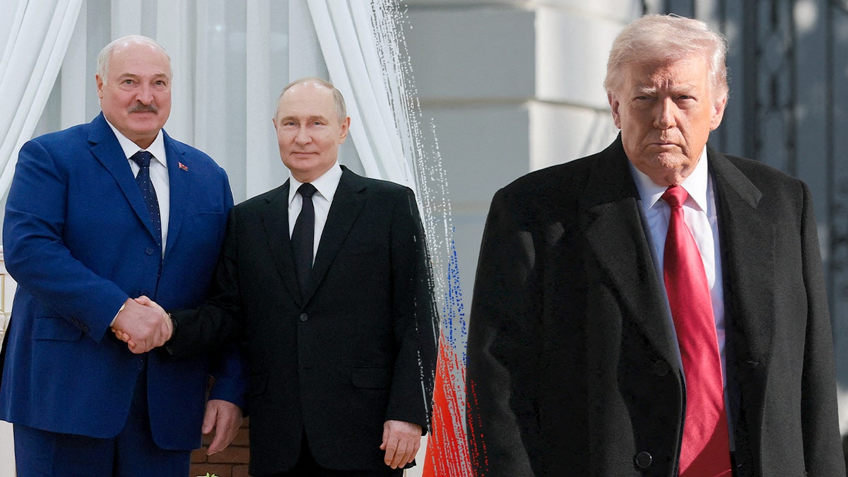 A split of Donald Trump, Vladimir Putin and Alexander Lukashenko.