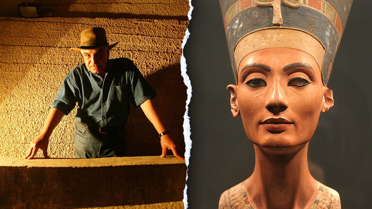 Hawass standing in tomb next to bust of Nefertiti