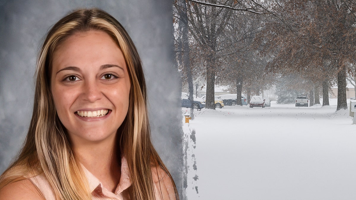 Split photo of Rebecca Rauber and a snowy road.
