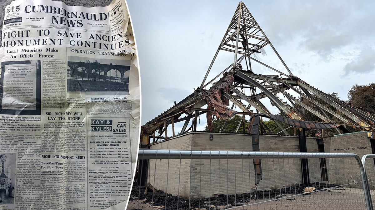 Split image of newspaper, ruined church