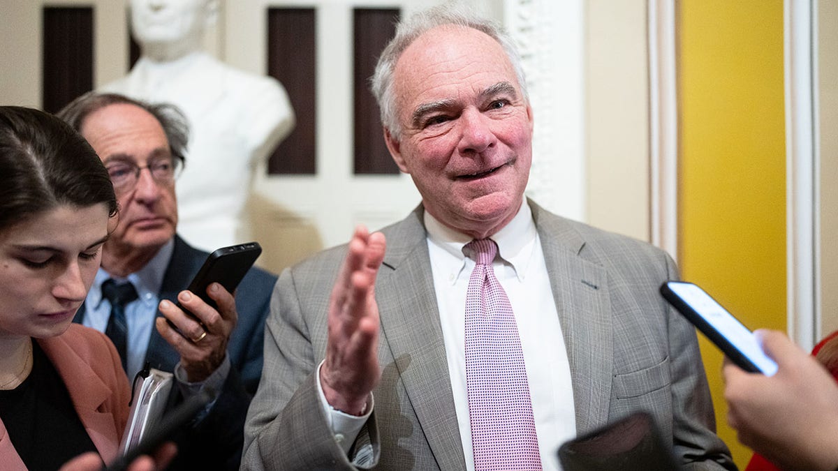 Sen. Tim Kaine, D-Va., speaks to reporters