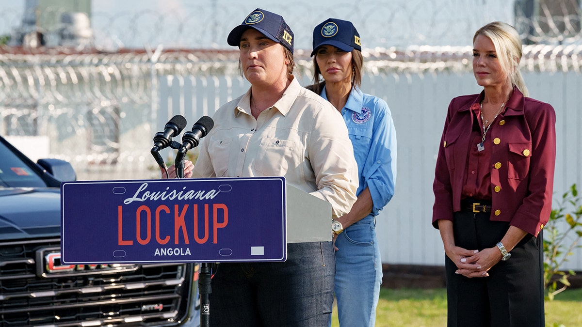 Madison Sheahan, Kristi Noem and Pam Bondi at press conference in Louisiana