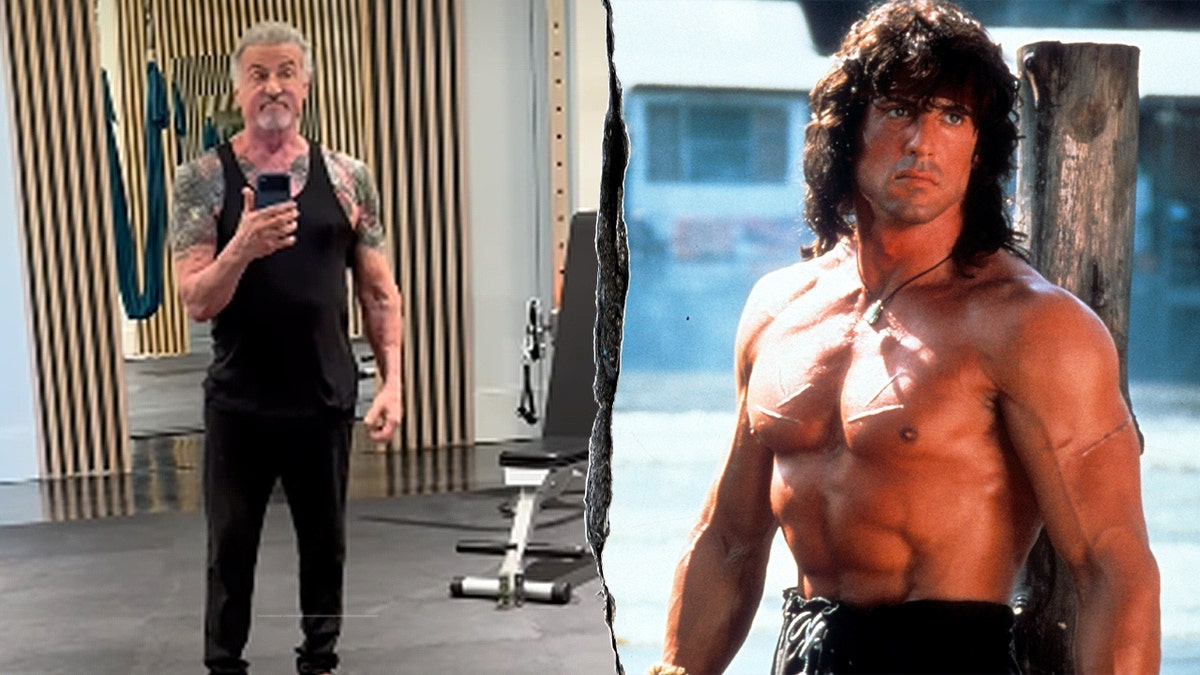 Split image of Sylvester Stallone training in a modern gym at nearly 80 years old; a classic shirtless and muscular Rambo in Rambo III (1988).