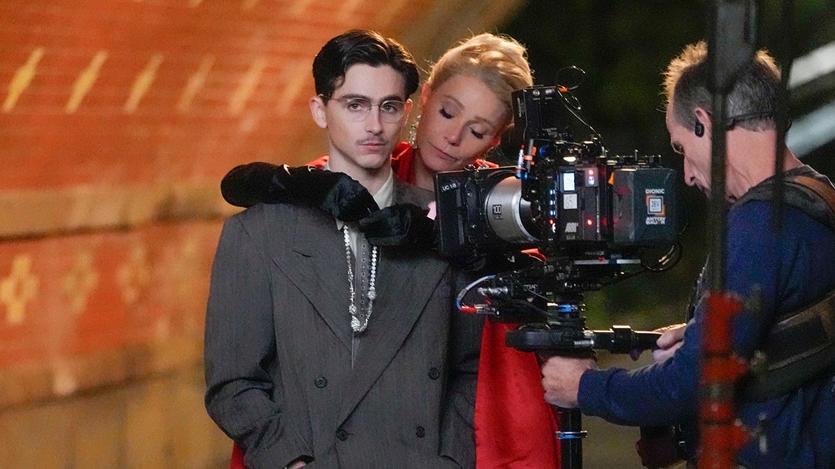 Gwyneth Paltrow and Timothée Chalamet are seen together while filming scenes on the set of Marty Supreme in New York City.