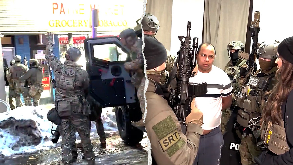 Split image of DHS law enforcement on the left raiding a building, and on the right, law enforcement arrests Tomas Espin Tapia.