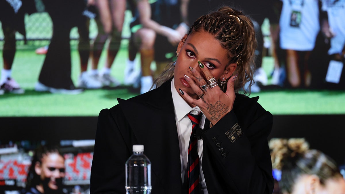 Trinity Rodman of the Washington Spirit wipes a teardrop during a property league astatine BMO Stadium connected Jan. 22, 2026.