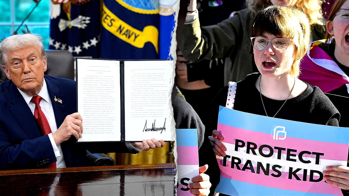 Donald Trump and pro-trans protester