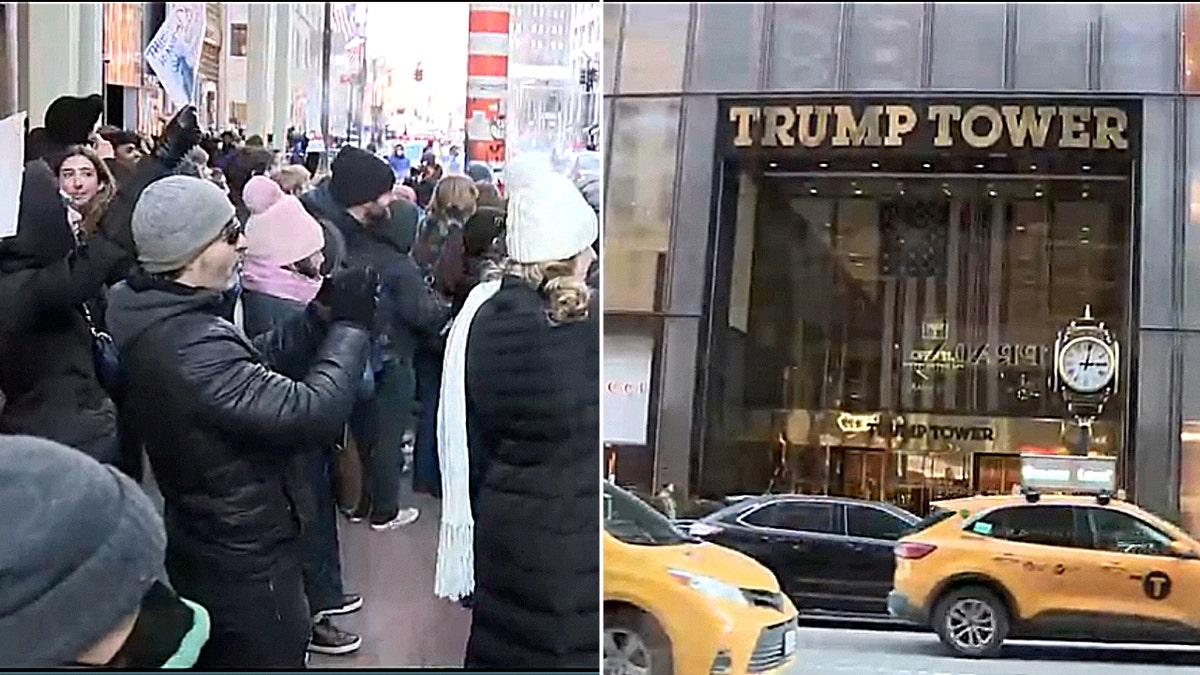 Imagem dividida da Trump Tower e dos manifestantes
