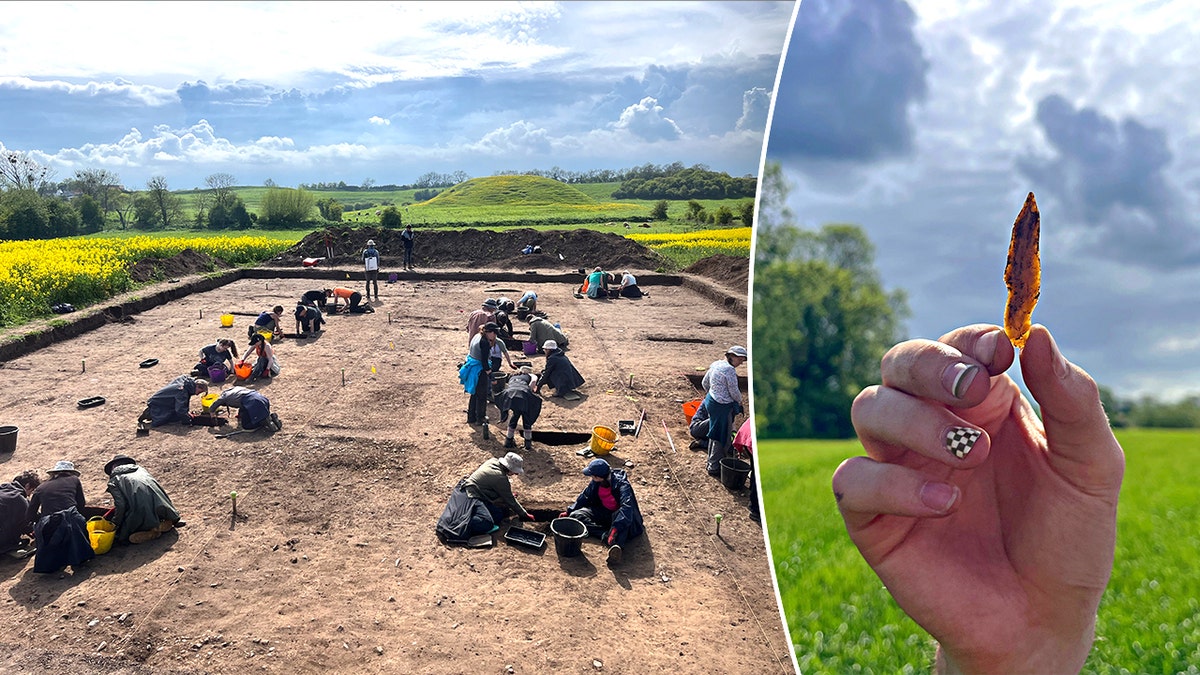 split representation  of excavation work, archaeologist holding artifact