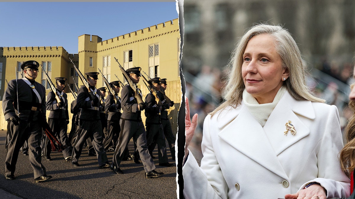 Virginia Military Institute marching pictured next to VA Gov. Abigail Spanberger.