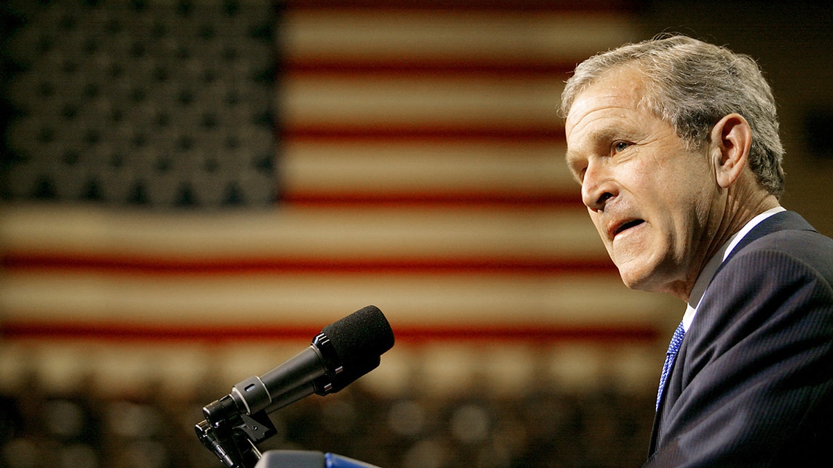former president George W. Bush speaking at Virginia Military Institute.
