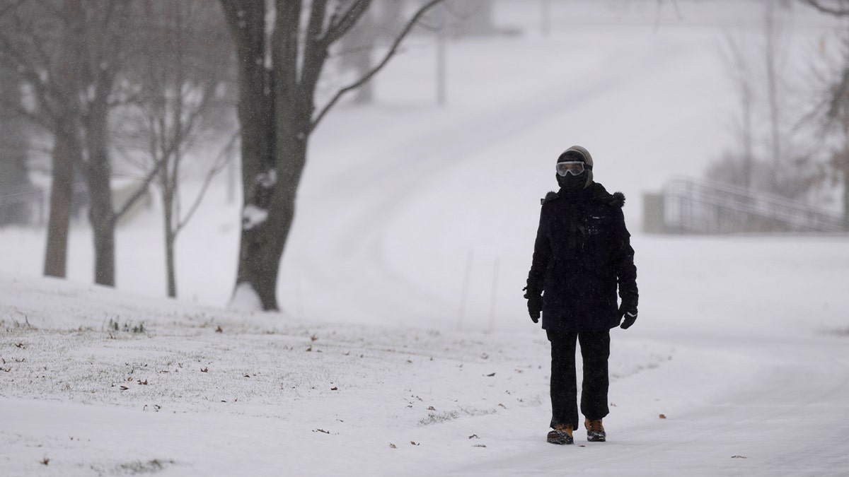 A man walks through falling snow along a residential street blanketed in white.