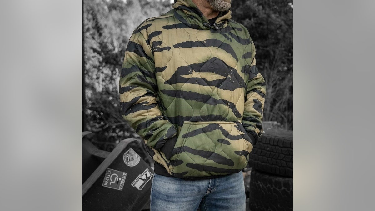 This hoodie is made from military poncho liners.