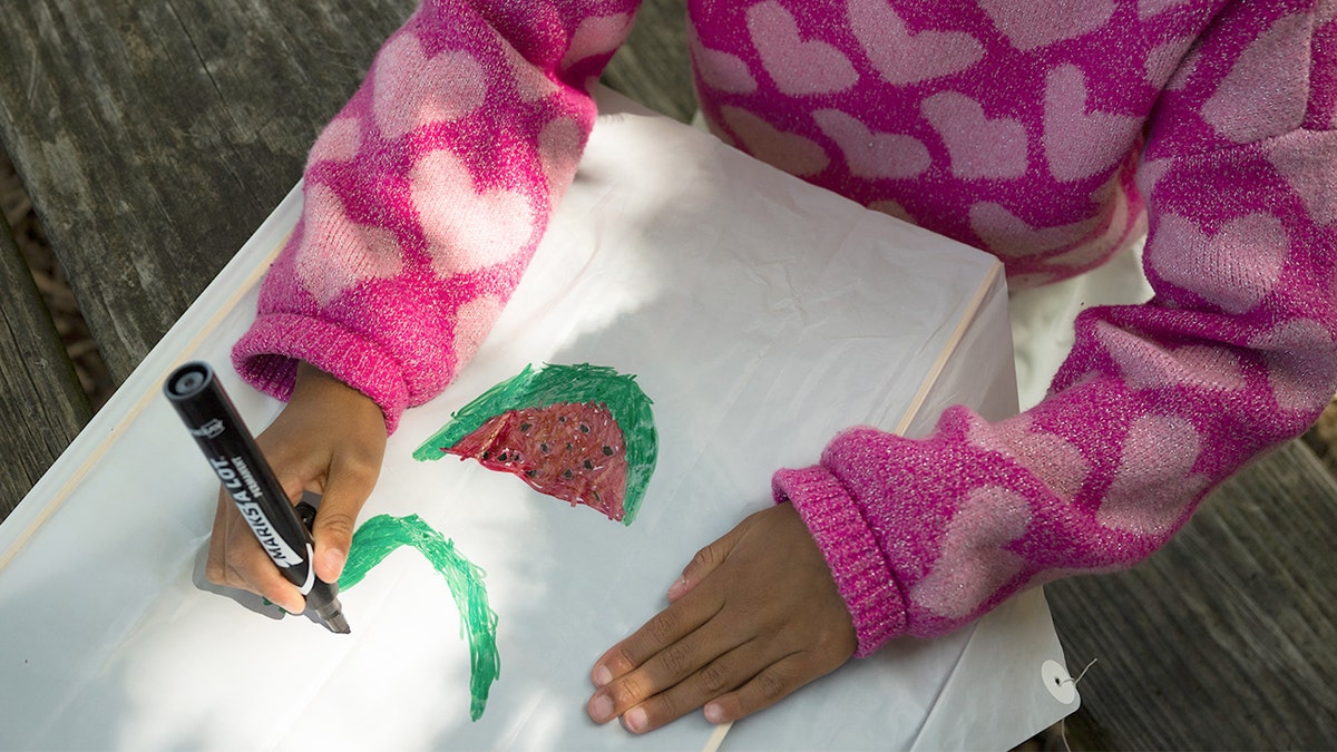 Girl draws watermelon during "Global Palestine Kite Day"