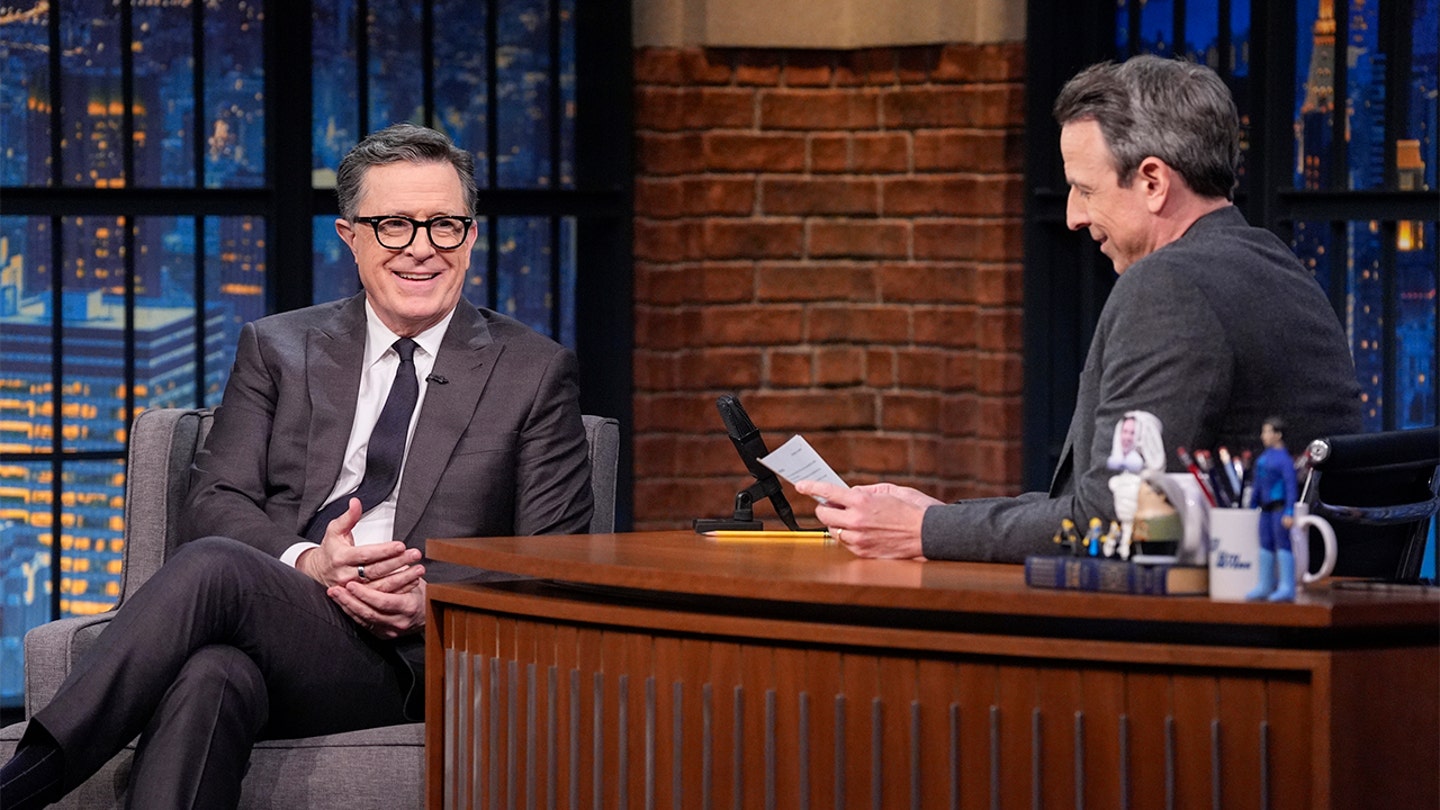 Stephen Colbert during an interview with host Seth Meyers on January 27, 2026, on Meyers' show
