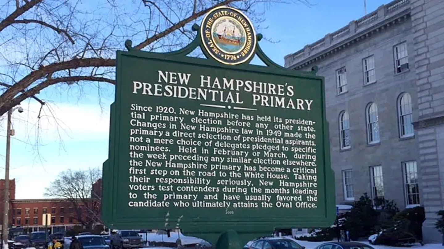 Sign marking New Hampshire's role in holding the first-in-the-nation presidential primary