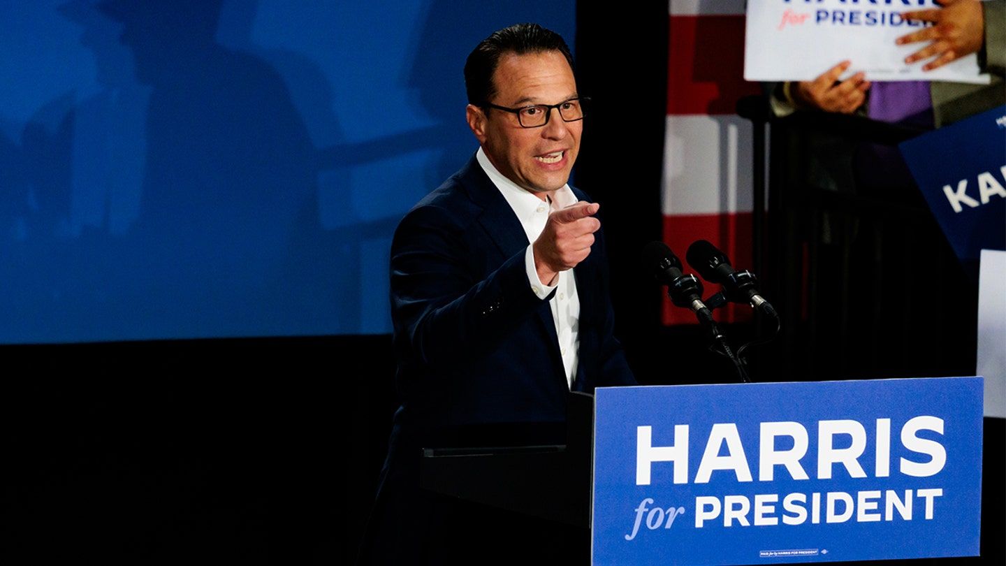 Image of Governor Josh Shapiro speaking at a campaign rally for Kamala Harris