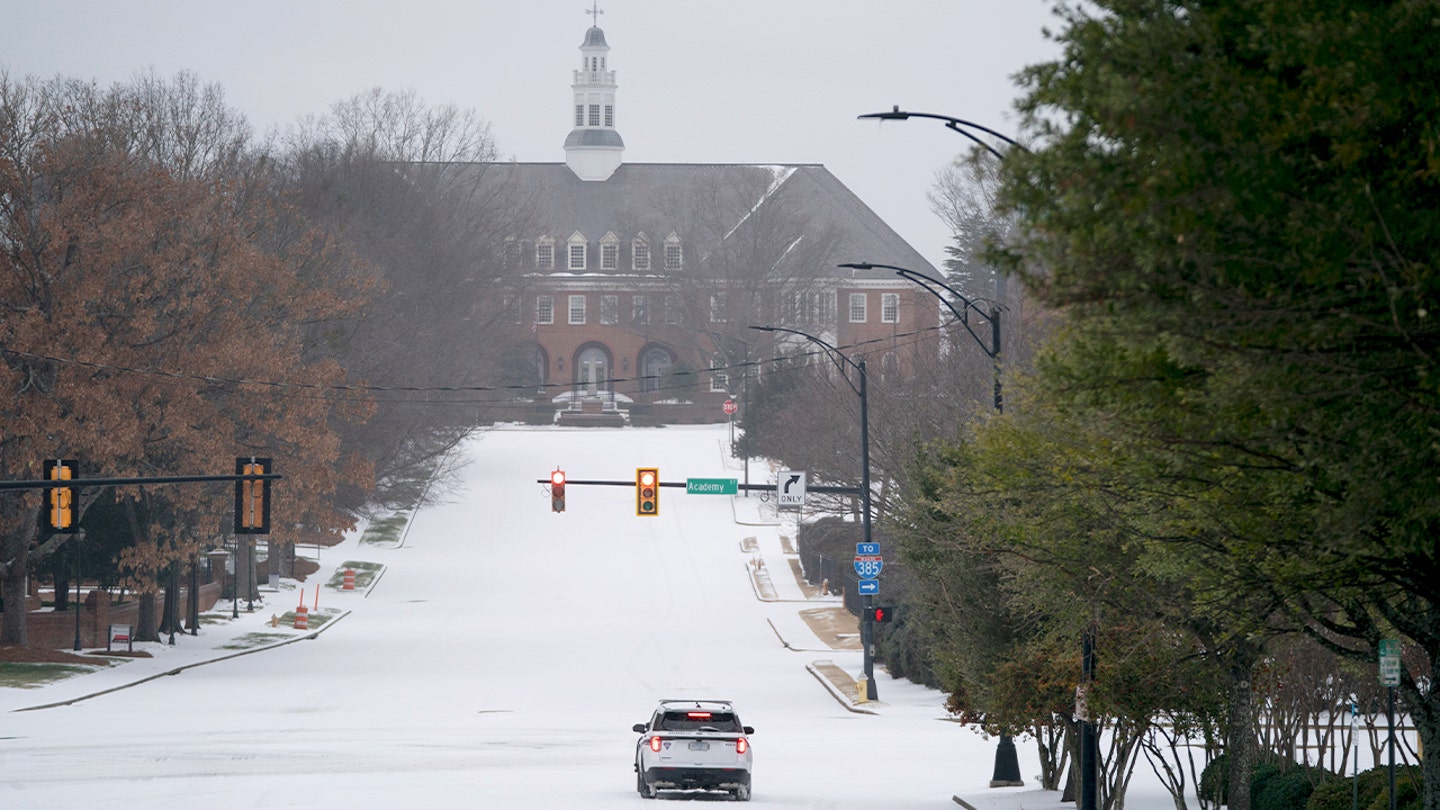 A police vehicle sits at a traffic light during Winter Storm Fern on Jan. 25, 2026, in Greenville, S.C. (Sean Rayford/Getty Images)