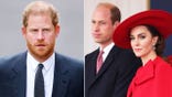 A split side-by-side photo of Prince Harry and Prince William with Kate Middleton.