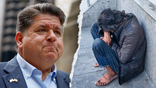 two split image of Gov. JB Pritzker on the left, a homeless addict on the right.