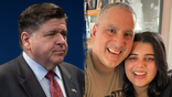 Two split image of JB Pritzker on the left, father and daughter on the right