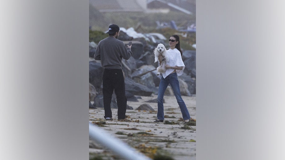 Brookly and Nicola Beckham laugh and play with their dog on the beach.