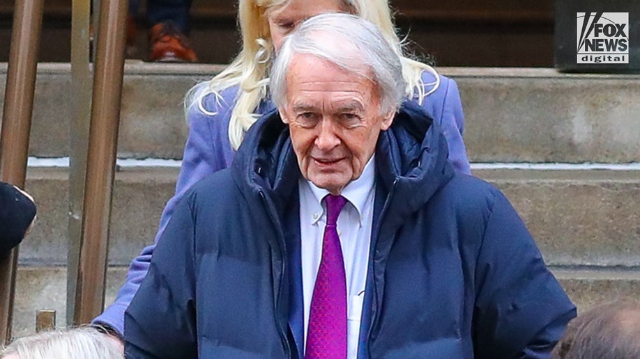 Senator Ed Markey leaving Tatiana Schlossberg's funeral in New York.