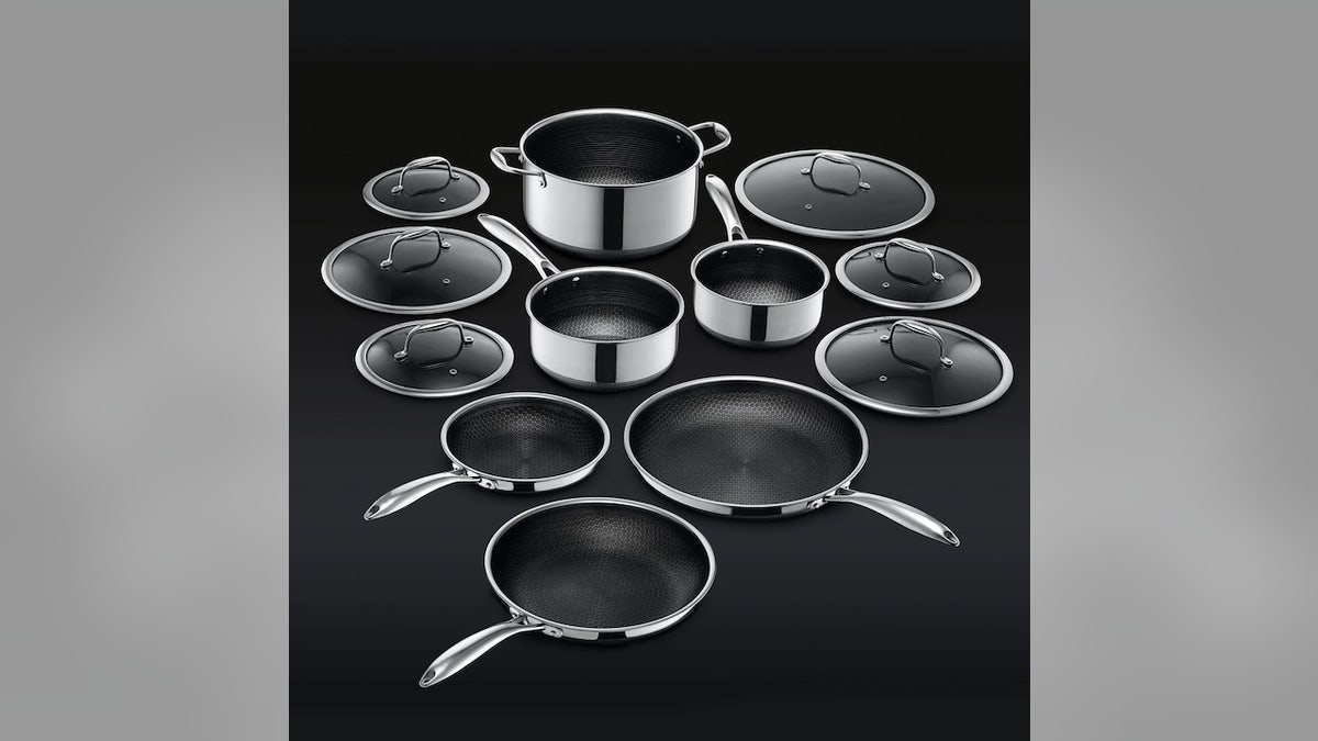 Get three pots and three pans, plus matching lids.
