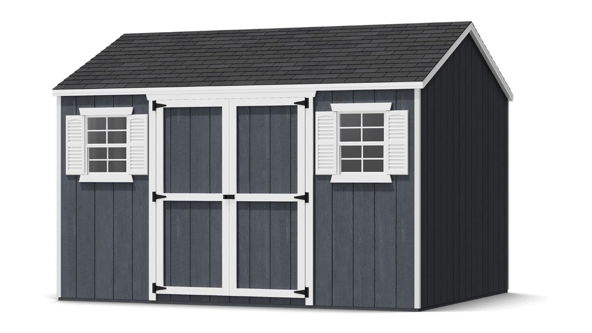 An adorable shed with shutters for added charm. 