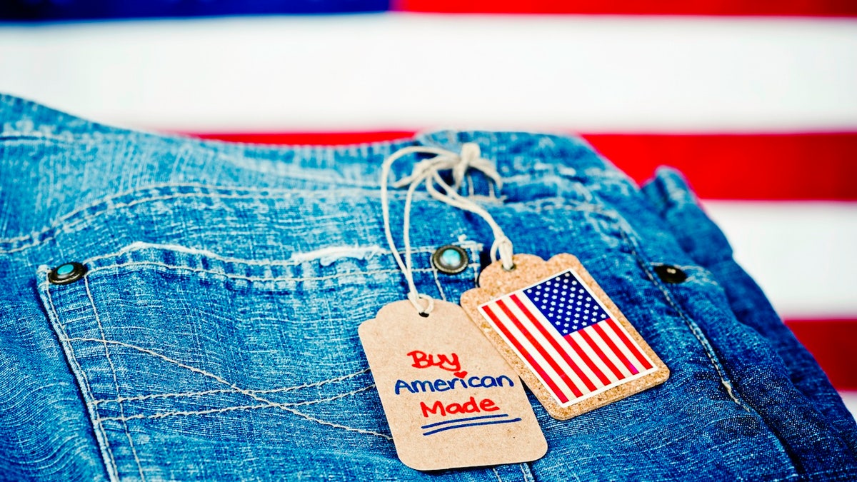 Clothing with tags that promote buying American-made goods