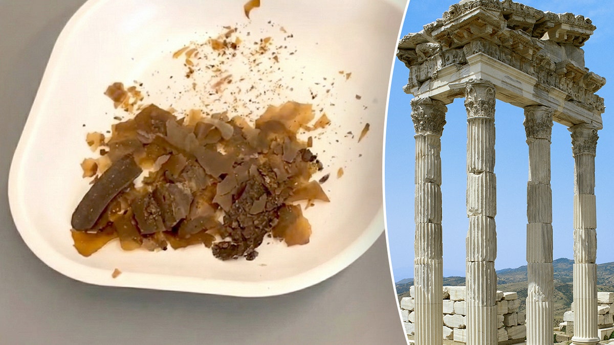 Brown flakes from vessel next to ruins of Pergamon