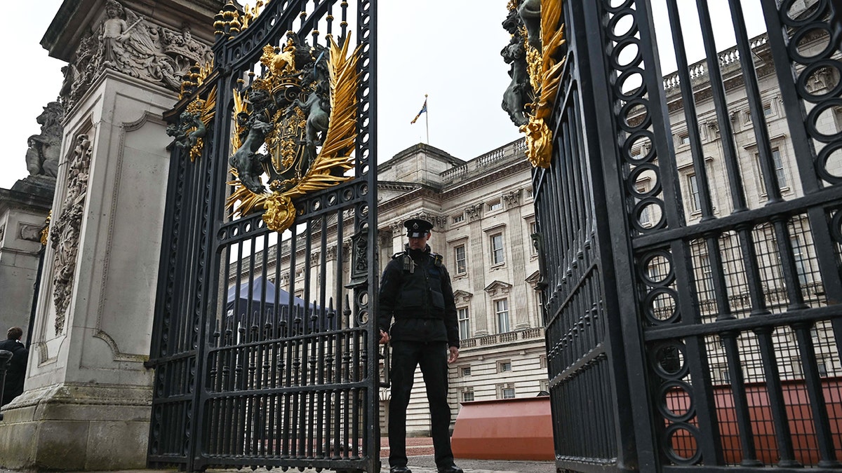 A security officer in front of the gate of Buckingham Palace.