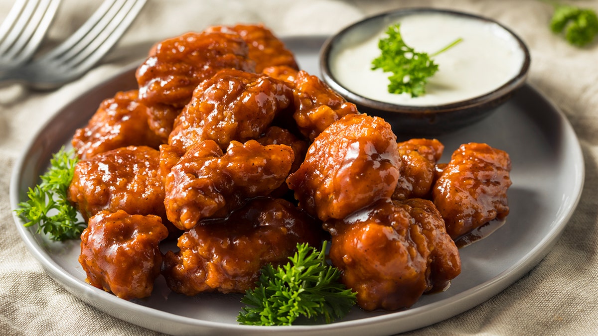Boneless wings on plate with ranch