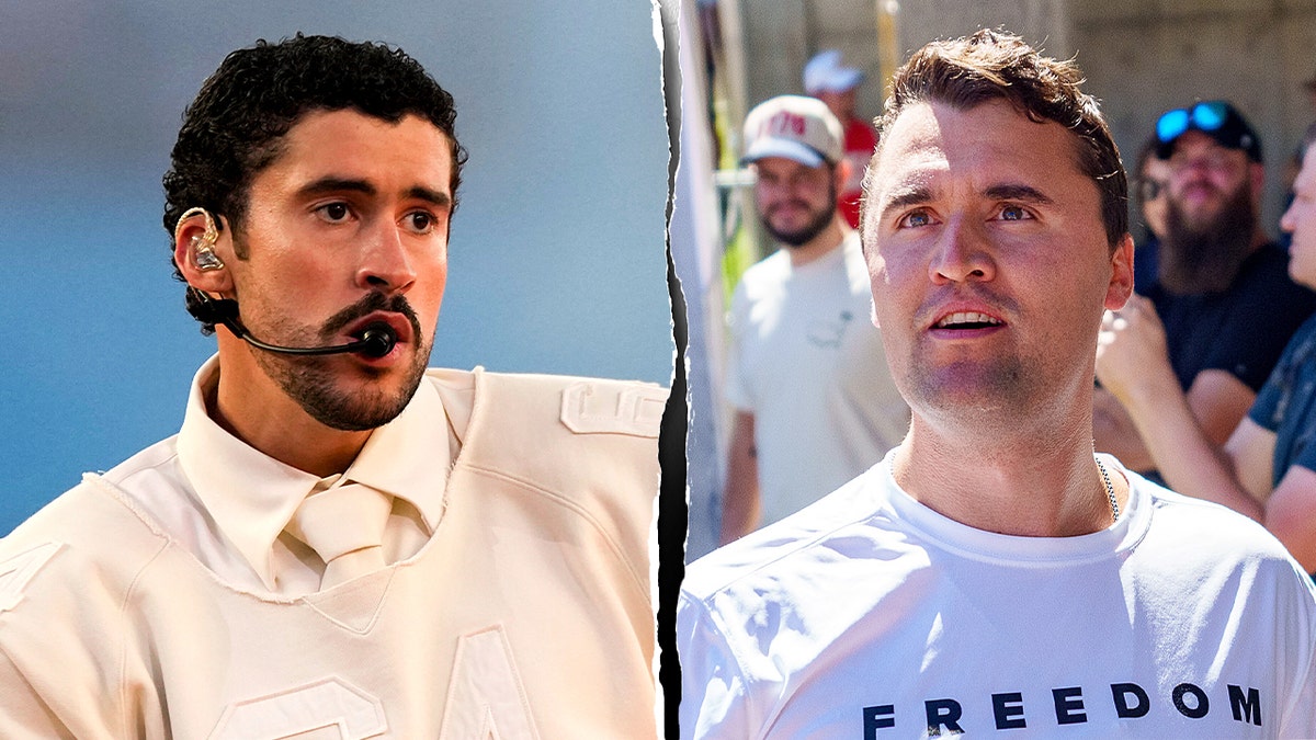 A split photo shows Bad Bunny and TPUSA founder Charlie Kirk