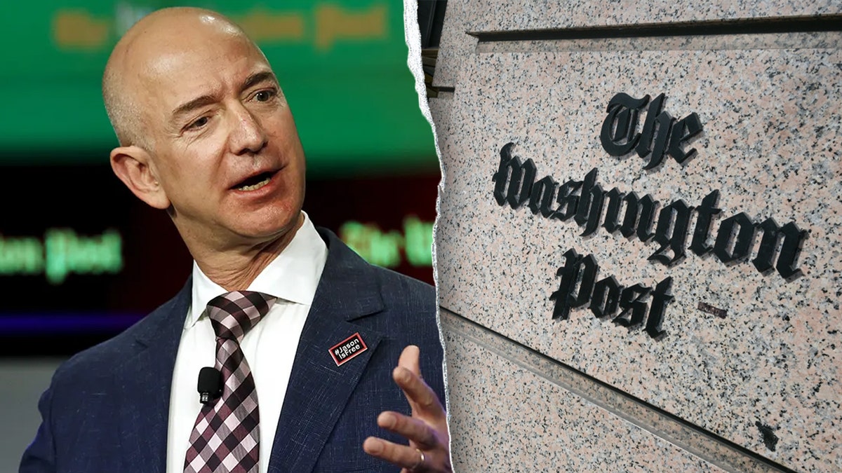 Jeff Bezos standing with Washington Post logo in background
