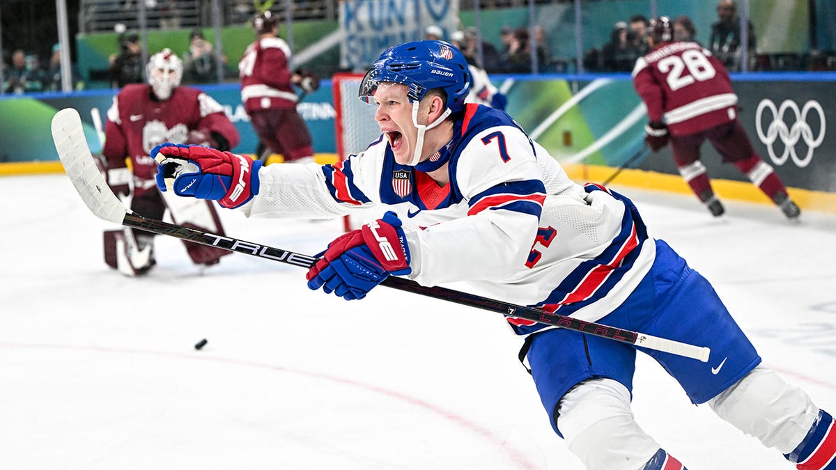 Brady Tkachuk celebrates goal