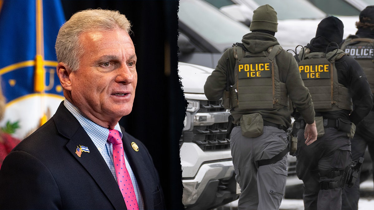 A split image of Rep. Buddy Carter and ICE agents