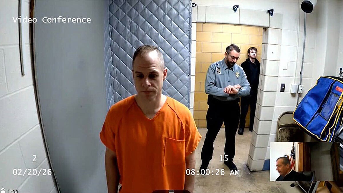 Caleb Flynn appearing via video during his arraignment hearing in Miami County court after being charged with the murder of his wife Ashley Flynn