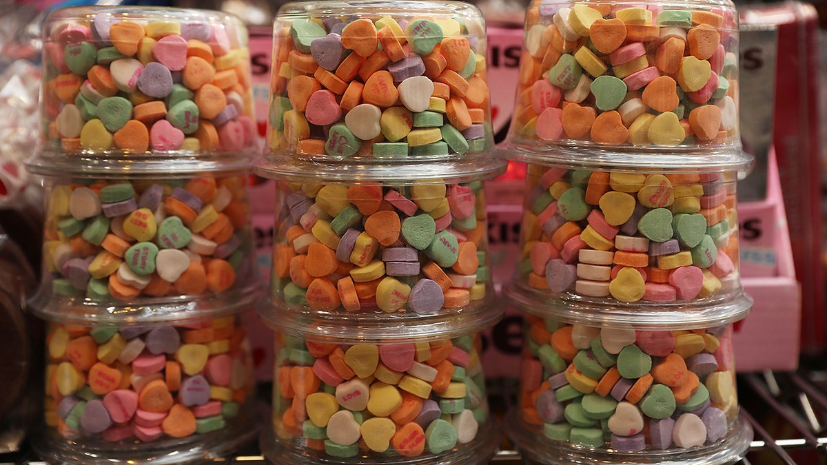 Sweetheart candy hearts are seen on the shelf at the To The Moon Marketplace on January 29, 2019 in Wilton Manors, Florida