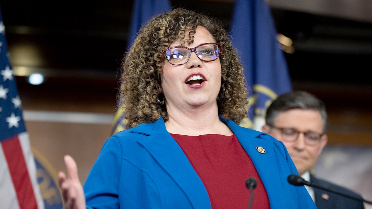 Celeste Maloy addresses reporters at a podium inside the Capitol complex.
