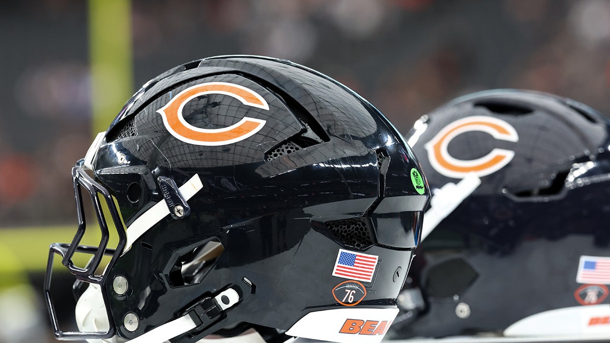 A general view of Chicago Bears helmets