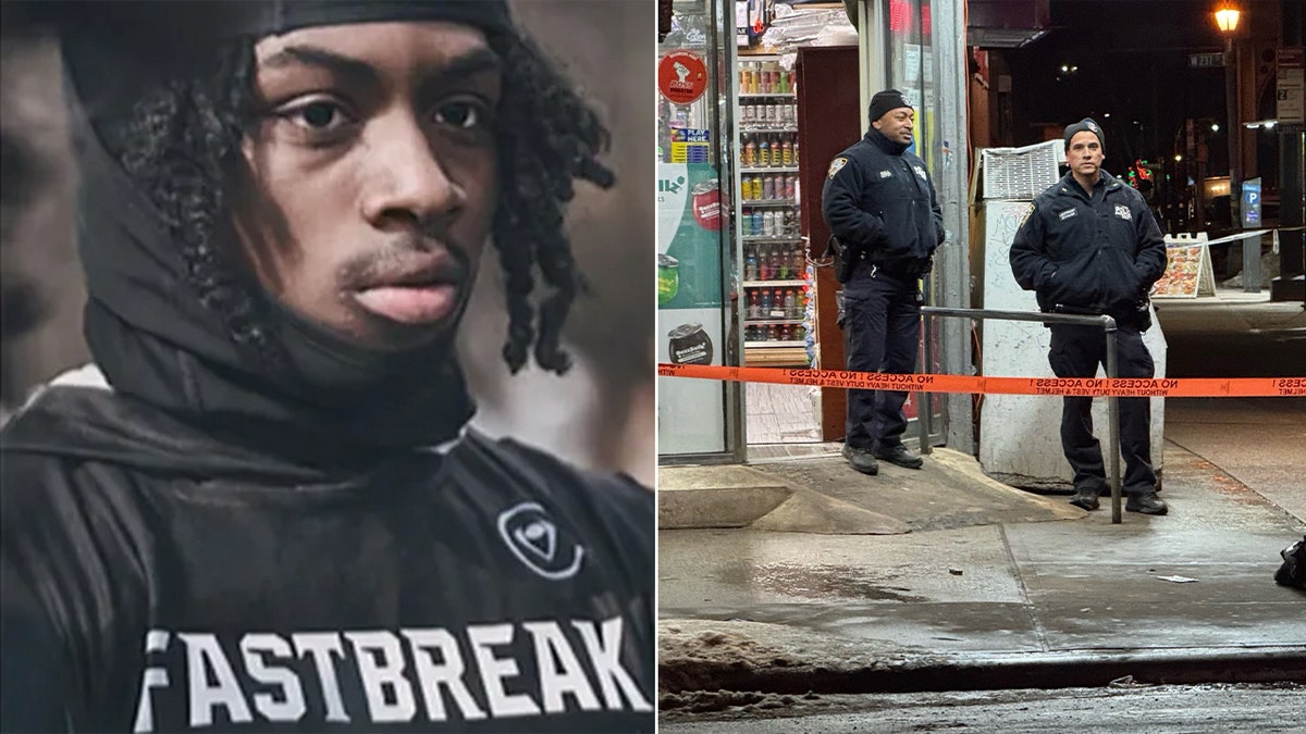 பொலிசாருடன் தடகள உடை அணிந்த இளைஞன் மற்றும் குற்றம் நடந்த இடத்தைப் பிரித்த காட்சி