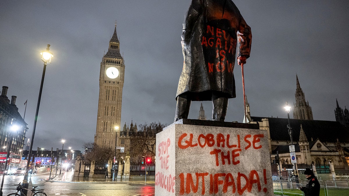 Defaced Churchill statue in England
