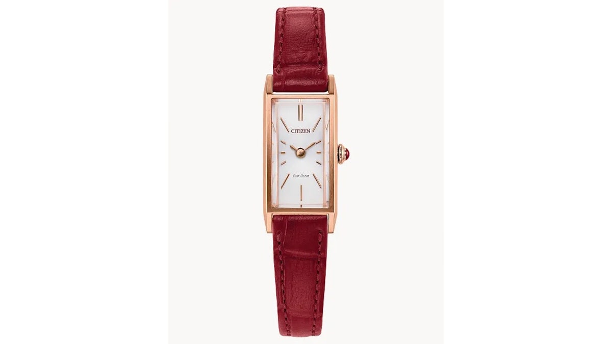 Red leather and rose gold combine to create a bold watch.