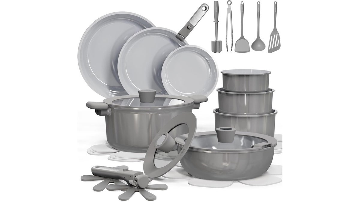 Upgrade scratched cookware with this sleek, space-saving set.