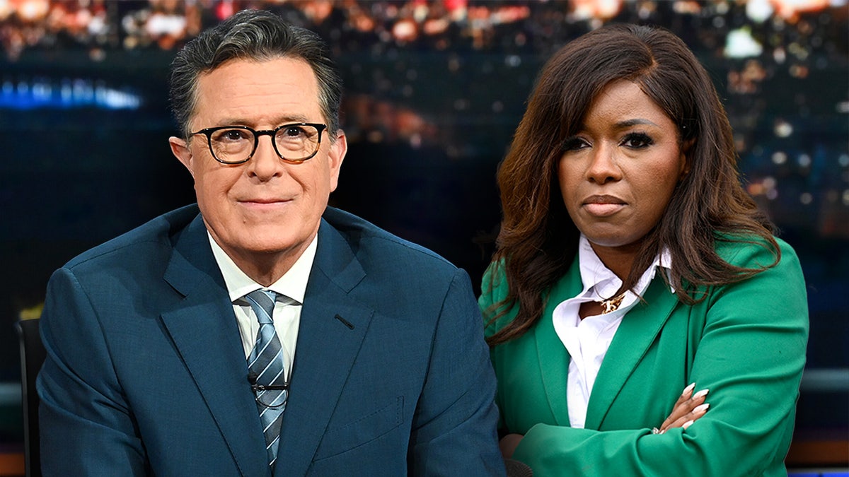 Immagine divisa del conduttore notturno Stephen Colbert e della deputata democratica del Texas Jasmine Crockett.